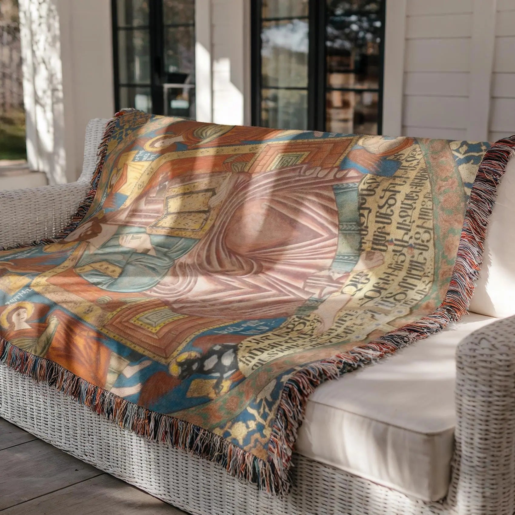 Armenian Cotton Blanket – Woven Miniature Design, Cultural Sofa Throw with Colorful Fringed Edges