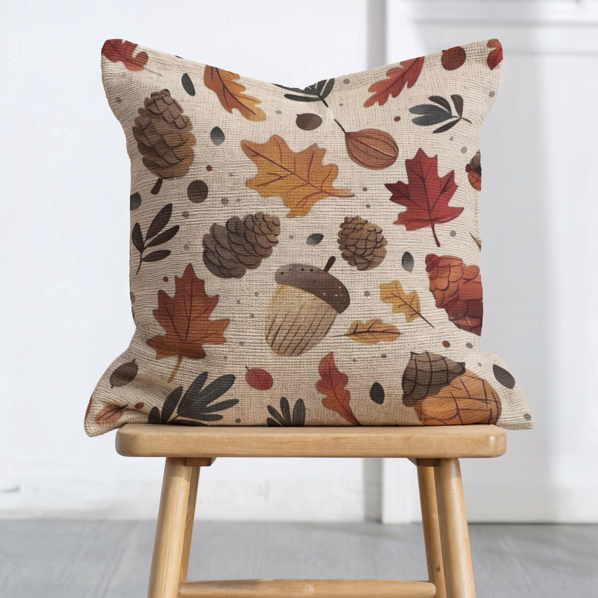 Woven Fall Pillow – Autumn Throw Pillow With Acorn Pine Cone Design