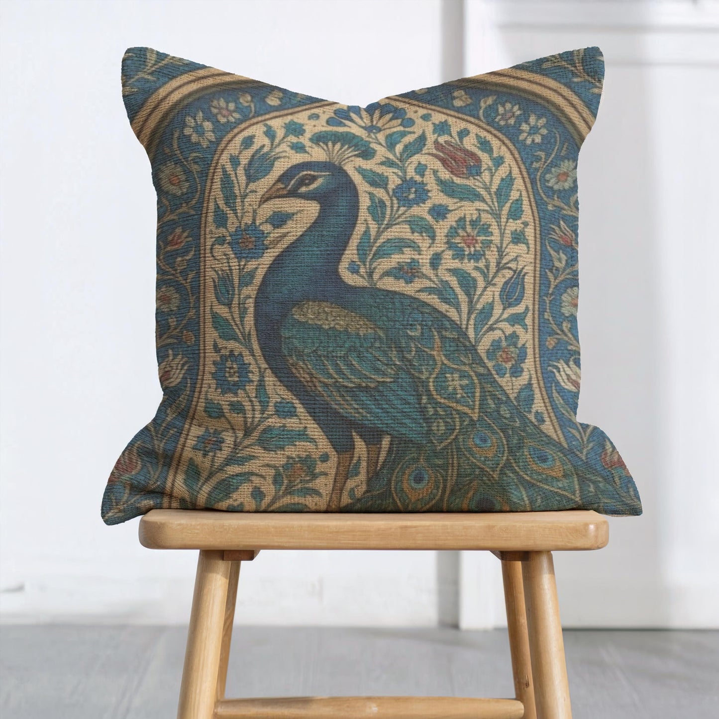 Modern Geometric throw pillow with geometric pattern styled on a sofa or bed