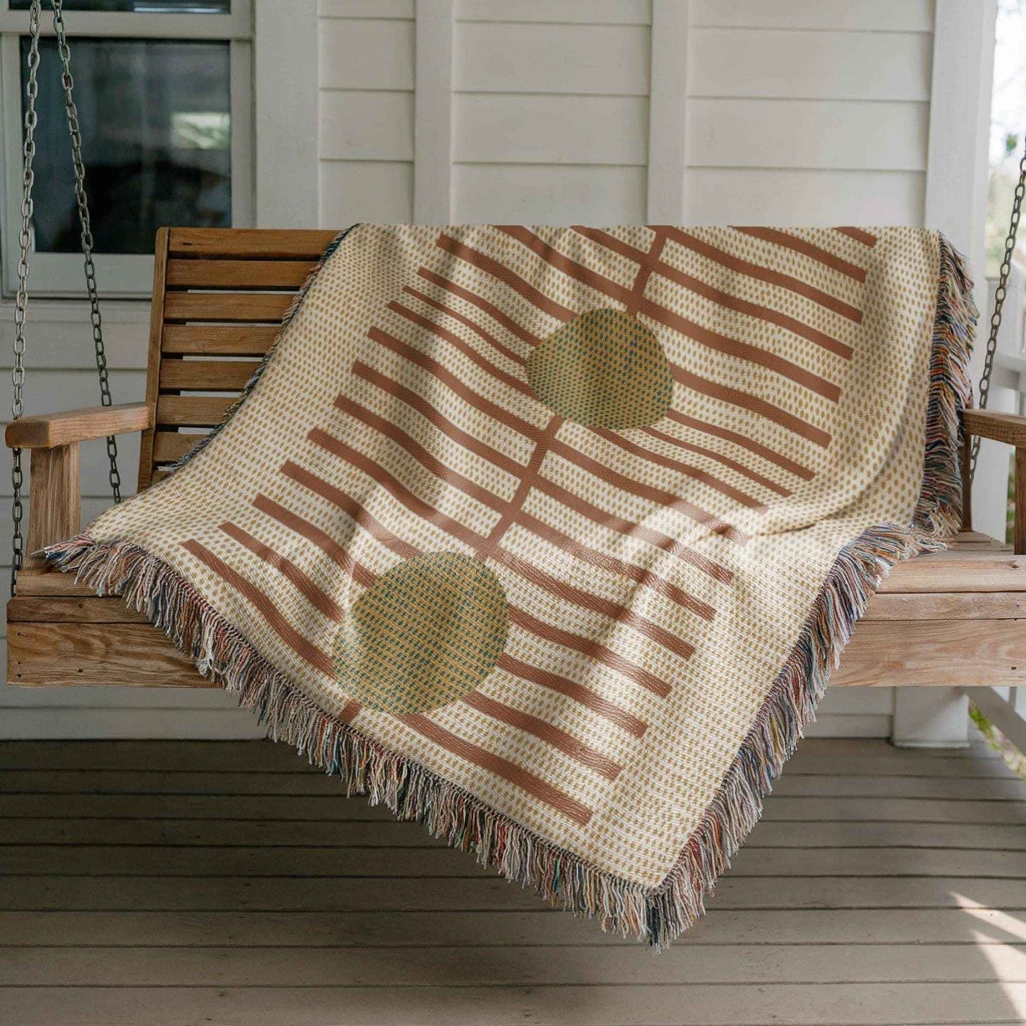 Scandinavian Inspired woven blanket with woven pattern styled for layered home decor