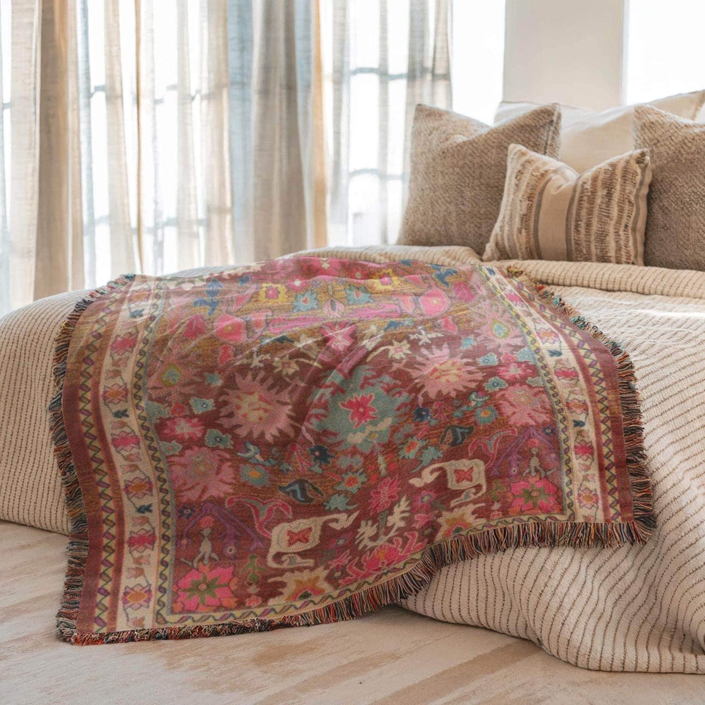 Caucasian Rug Inspired woven blanket with geometric pattern styled for layered home decor