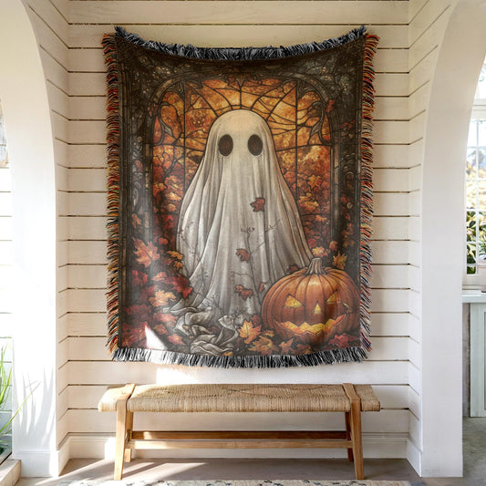 Halloween Ghost Tapestry - Stained Glass Pumpkin Wall Art | Cozy Cotton Throw