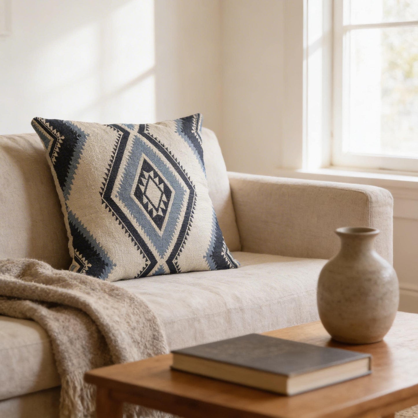 Southwestern pillow cover with geometric pattern styled on a sofa or bed