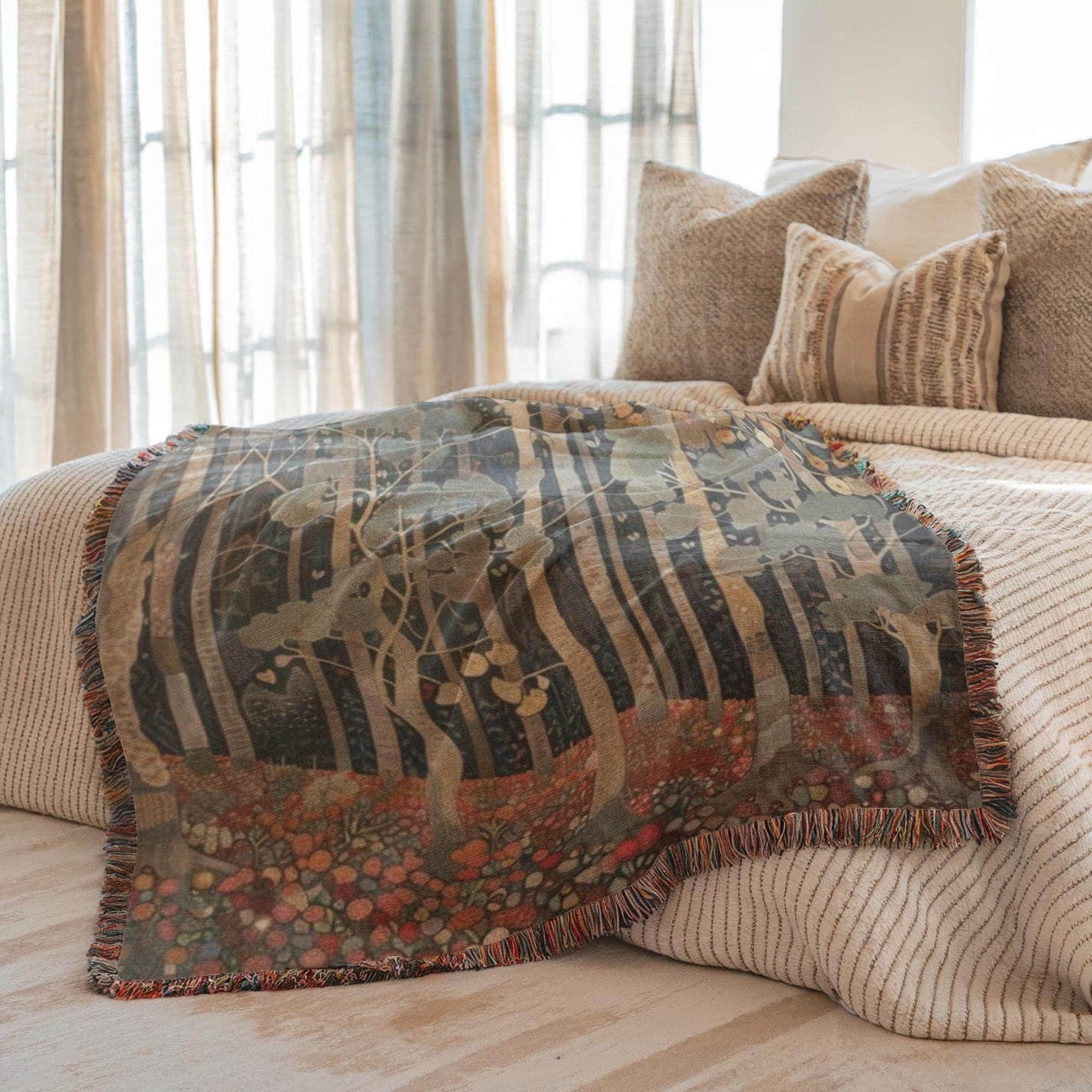 Scandinavian Inspired woven blanket with rug-style pattern styled for layered home decor