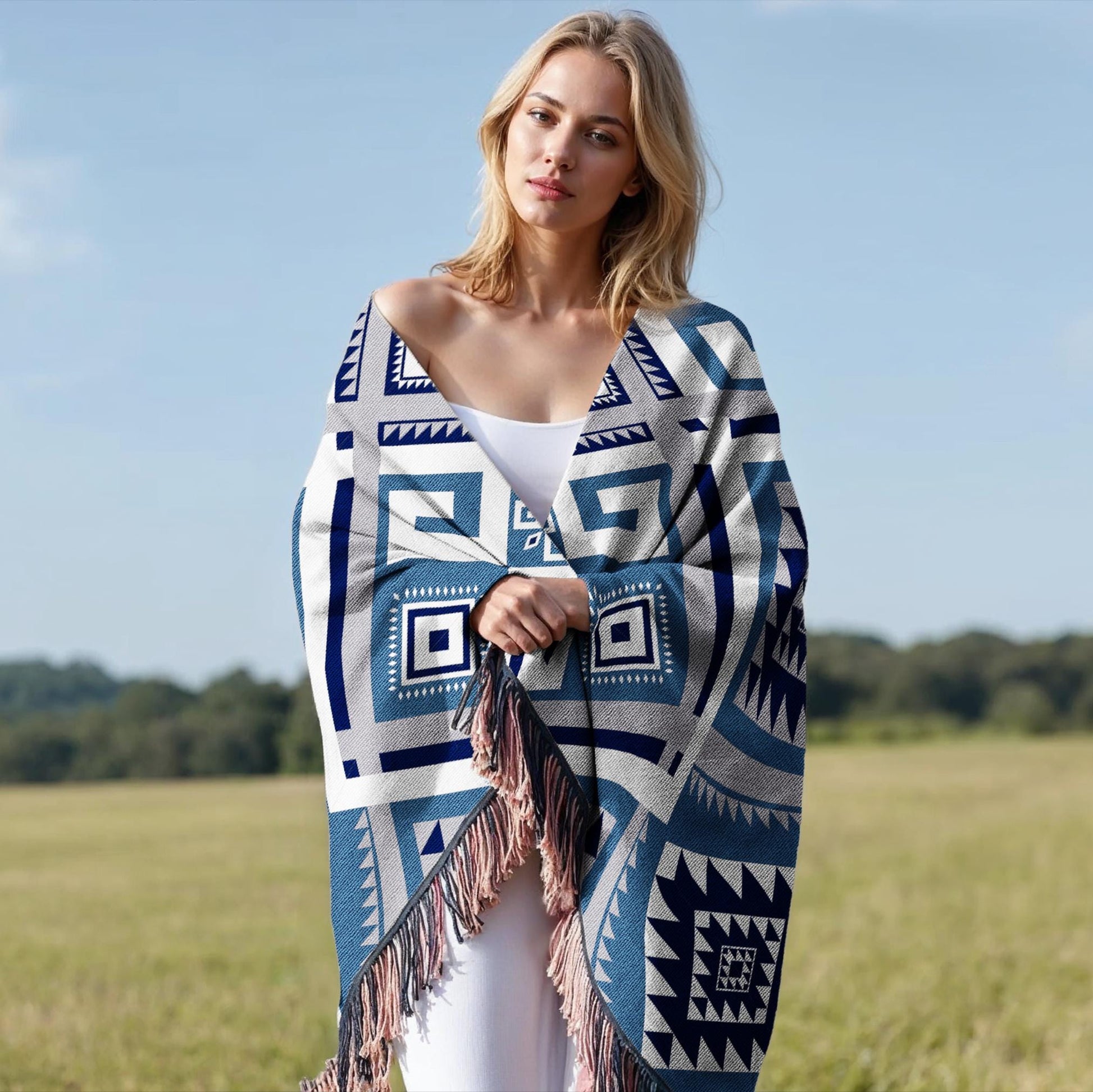 Personalized Woven Blanket – Aztec Pattern Throw | Outdoor Picnic Blanket with Colorful Fringed Edges