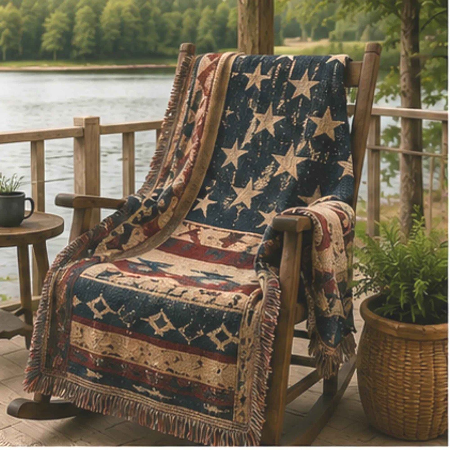 Southwestern outdoor woven throw blanket with geometric pattern for patio styling