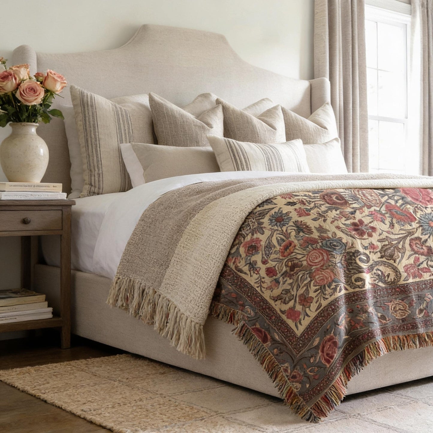 Moroccan Inspired woven blanket with floral pattern styled for layered home decor