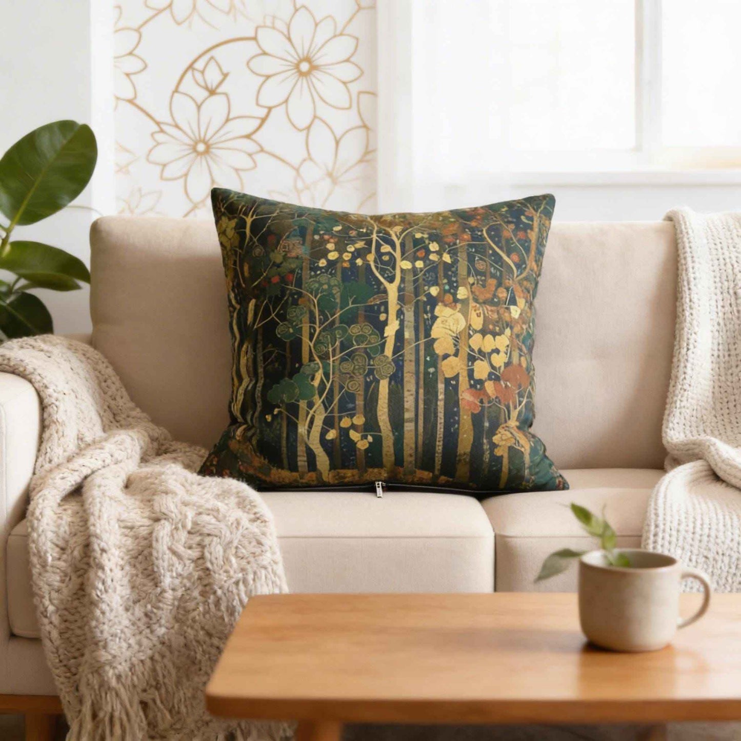 Scandinavian Inspired pillow cover with woven pattern styled on a sofa or bed