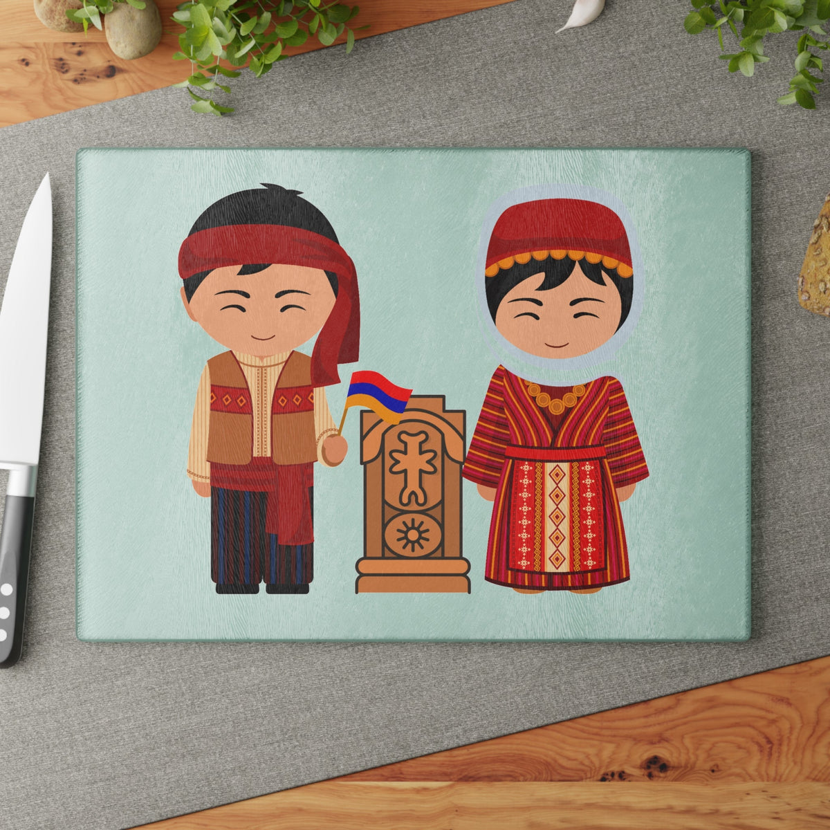 Armenian khachkar cutting board with two figures in traditional dress