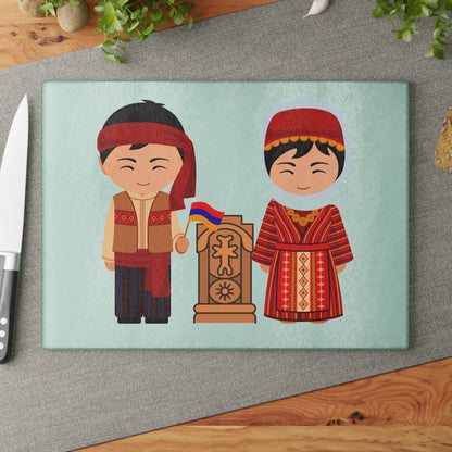 Armenian khachkar cutting board with two figures in traditional dress