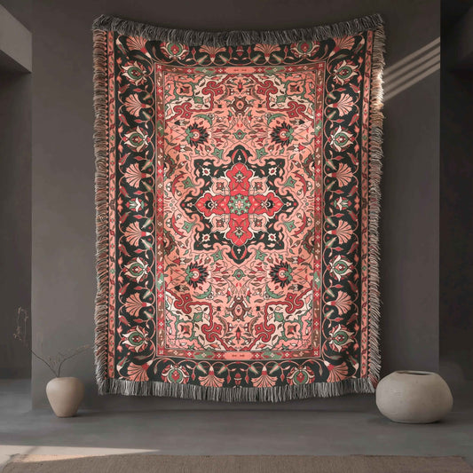 Anatolian Inspired woven wall tapestry with rug-style pattern styled as textile wall decor
