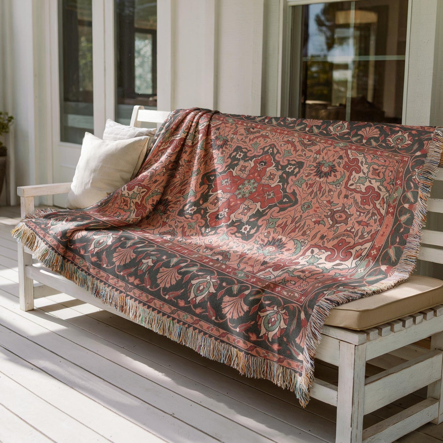 Anatolian Inspired woven wall tapestry with rug-style pattern styled as textile wall decor