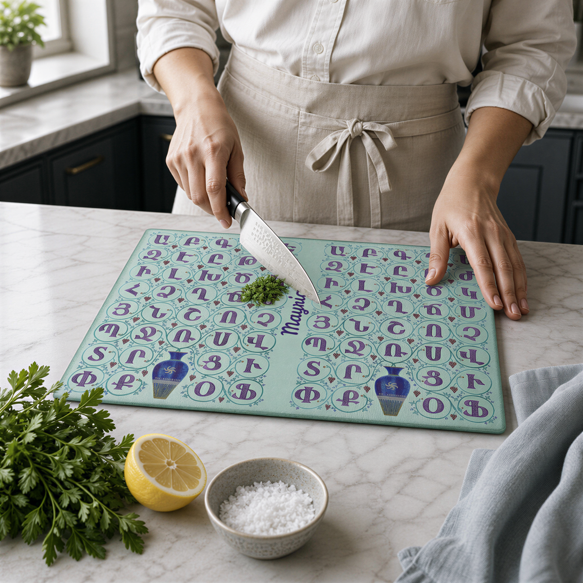 Armenian alphabet cutting board in use, a cook chopping herbs at a marble counter