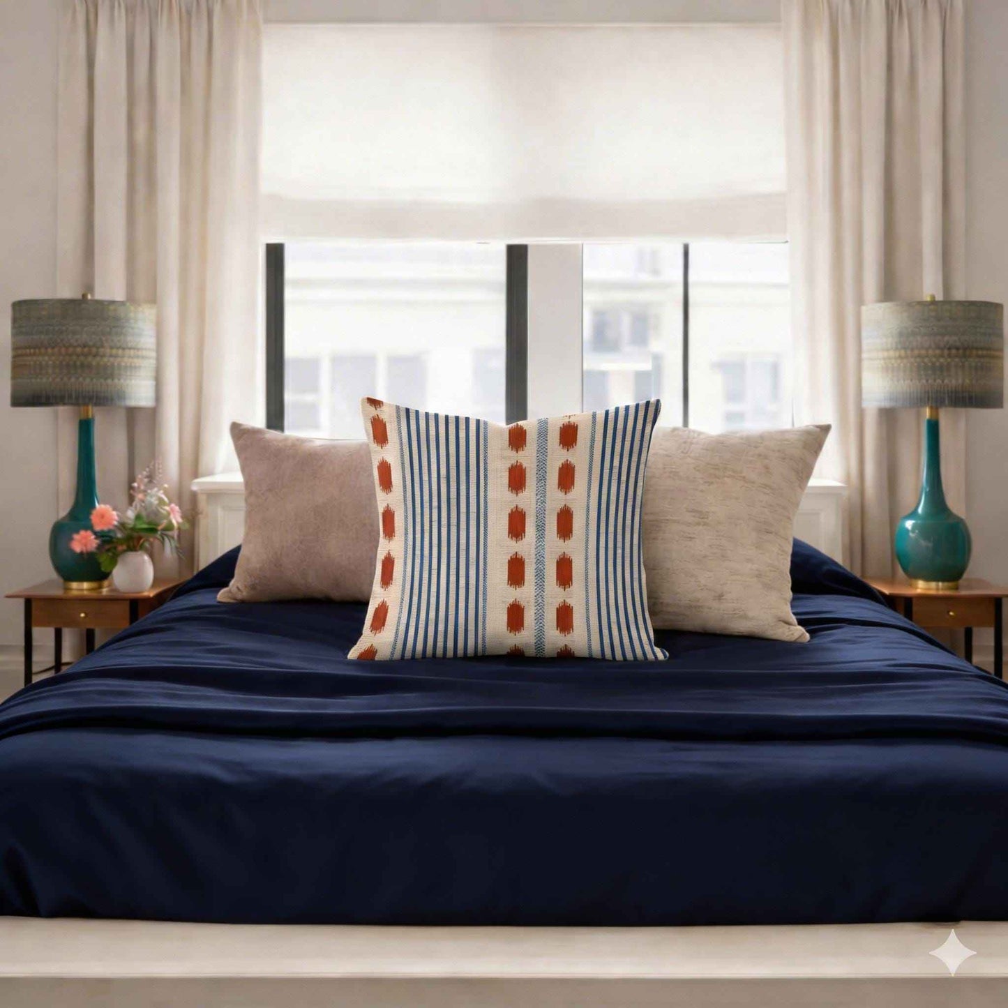 Modern Geometric pillow cover with geometric pattern styled on a sofa or bed