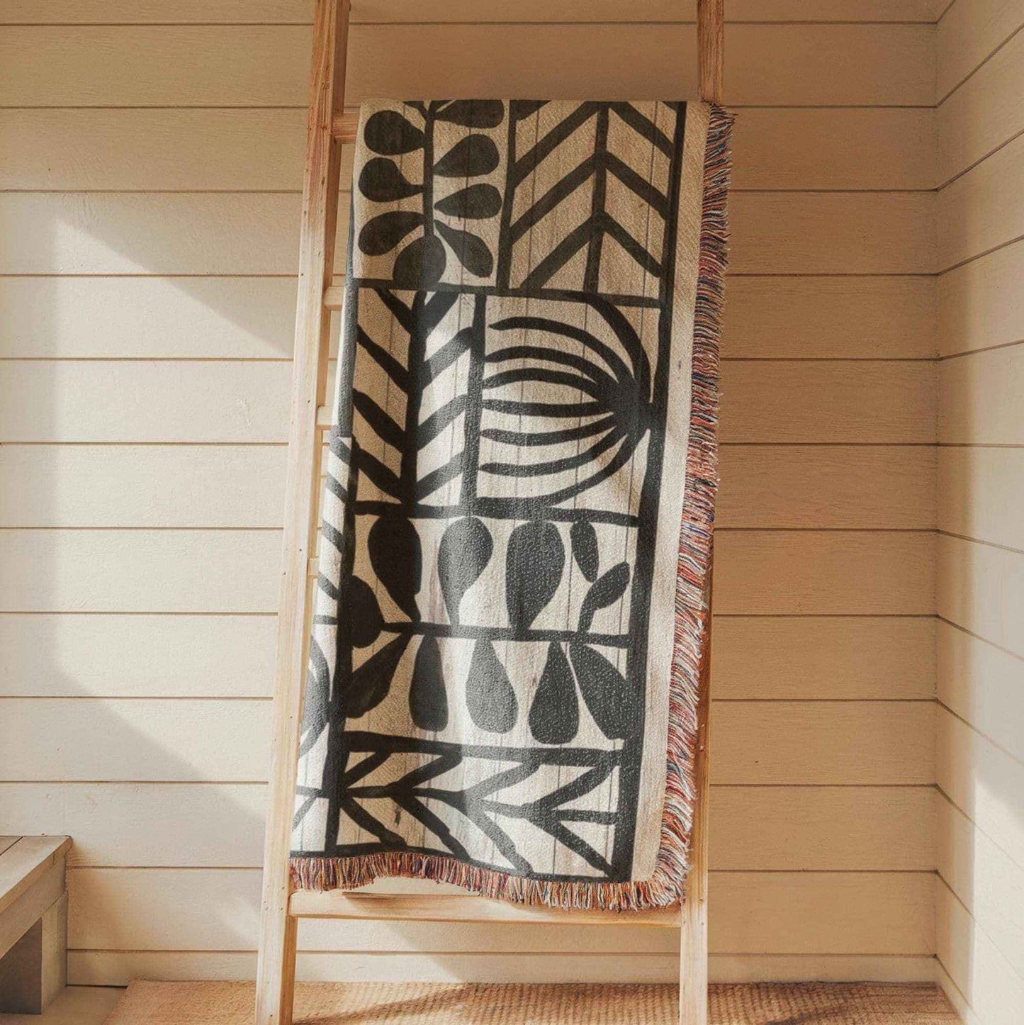 Modern Geometric woven wall tapestry with geometric pattern styled as textile wall decor