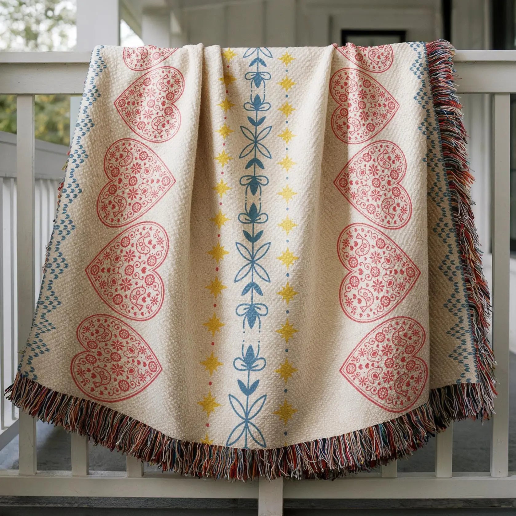 Cotton Woven Blanket – Swedish Scandi Heart Throw with Nordic Star Design