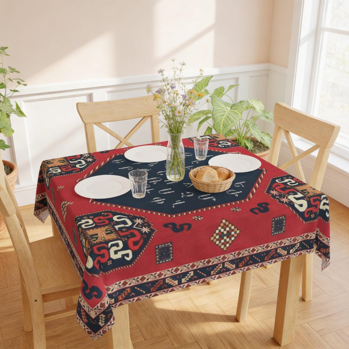 Armenian letters square tablecloth in navy and red on a dining table set for a meal