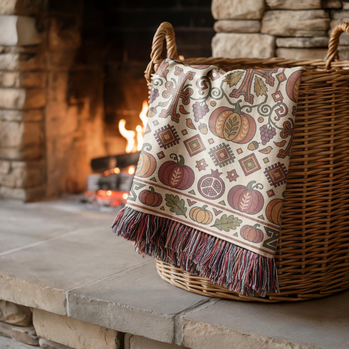 Cream and rust Armenian woven blanket folded over a wicker basket on a stone step