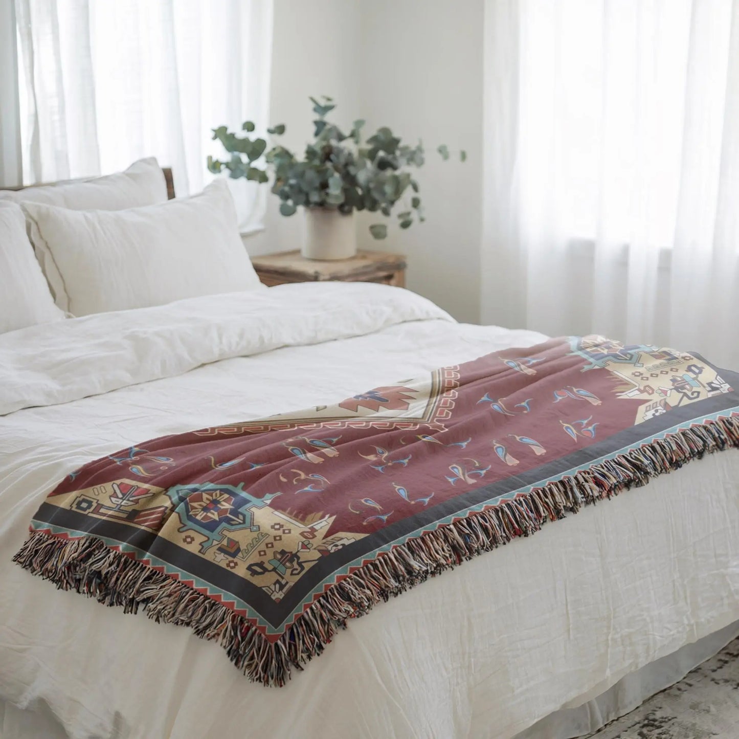 Anatolian Throw Blanket – Armenian Alphabet Cotton Woven Throw with Fringed Edge