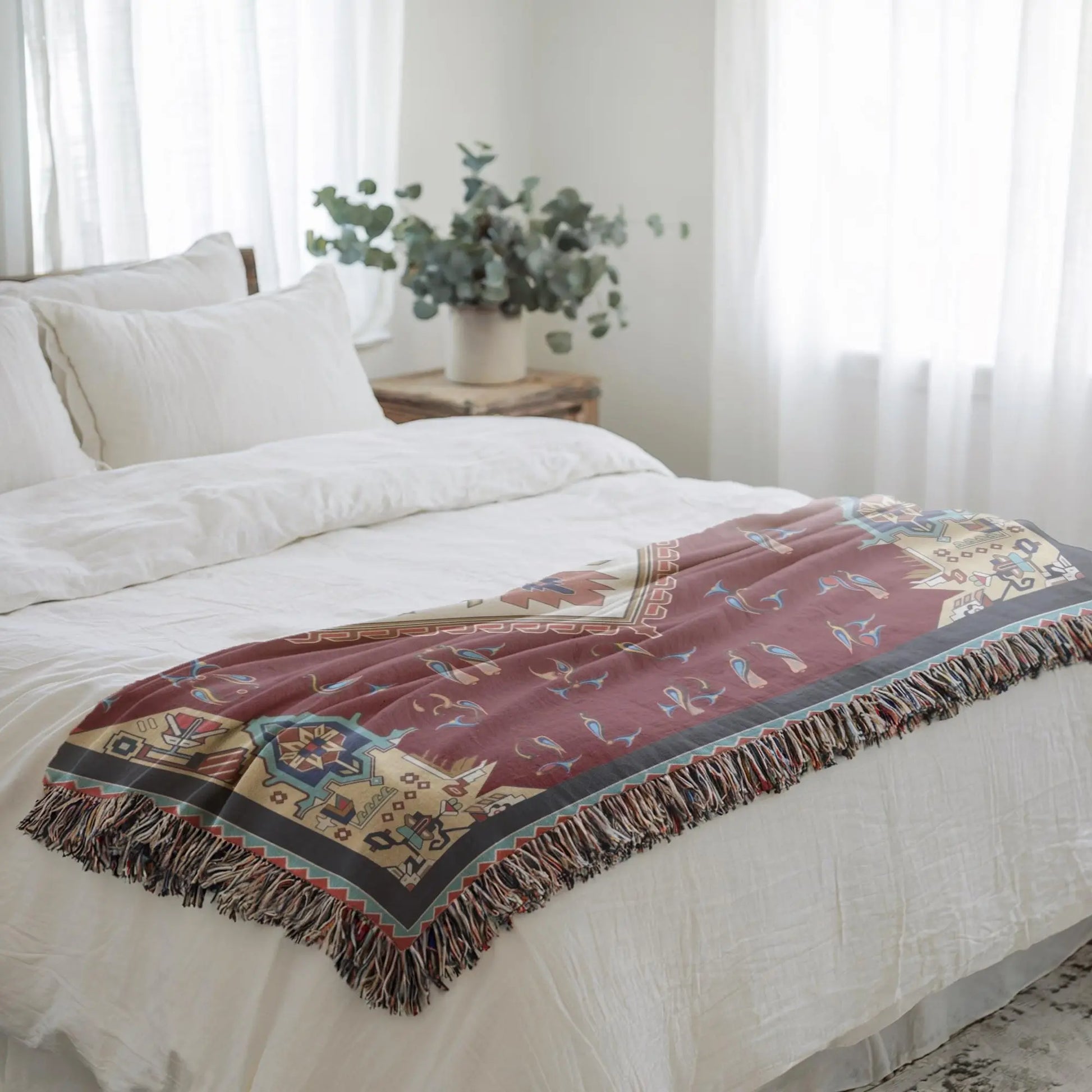 Anatolian Throw Blanket – Armenian Alphabet Cotton Woven Throw with Fringed Edge