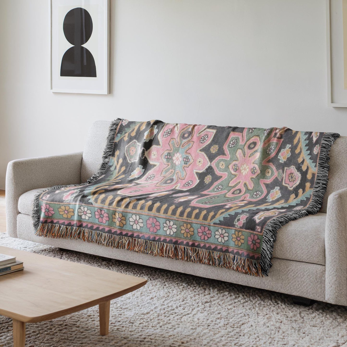 Caucasian Rug Inspired woven blanket with geometric pattern styled for layered home decor