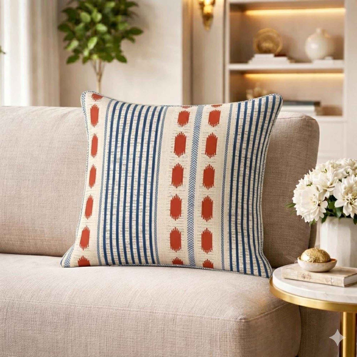 Modern Geometric pillow cover with geometric pattern styled on a sofa or bed
