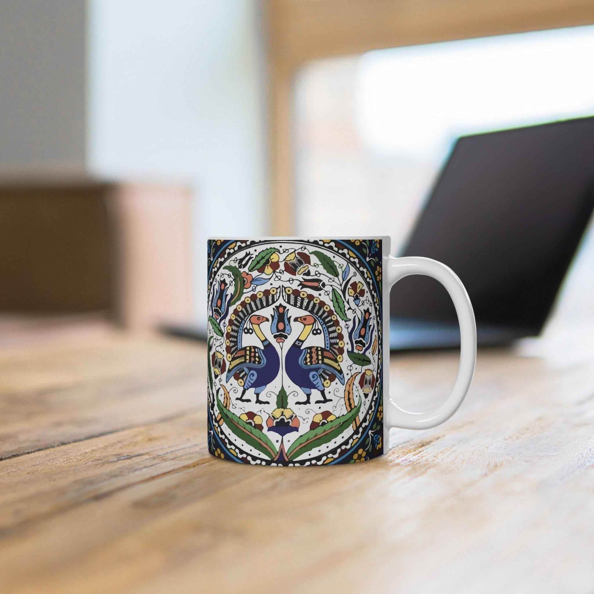 Armenian Ceramic Coffee Mug - Handcrafted Blue Peacock Design | Microwave Safe - timelessbohochic.com