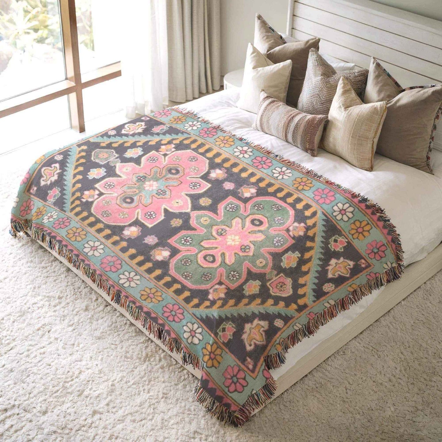 Anatolian Inspired woven blanket with floral pattern styled for layered home decor
