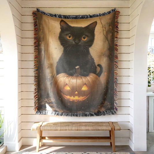 Halloween Throw Blanket – Woven Cotton Cozy Fall Blanket with Black Cat Pumpkin Design