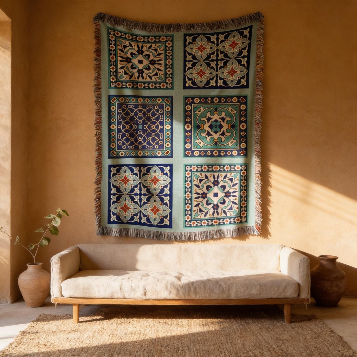 Anatolian Inspired woven wall tapestry with geometric pattern styled as textile wall decor