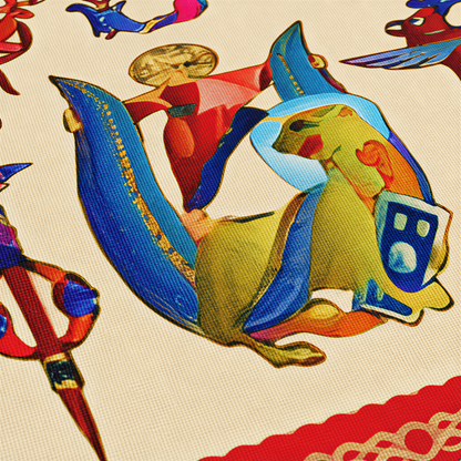 Close view of the bird letters in blue, gold and red drawn as birds and animals on cream