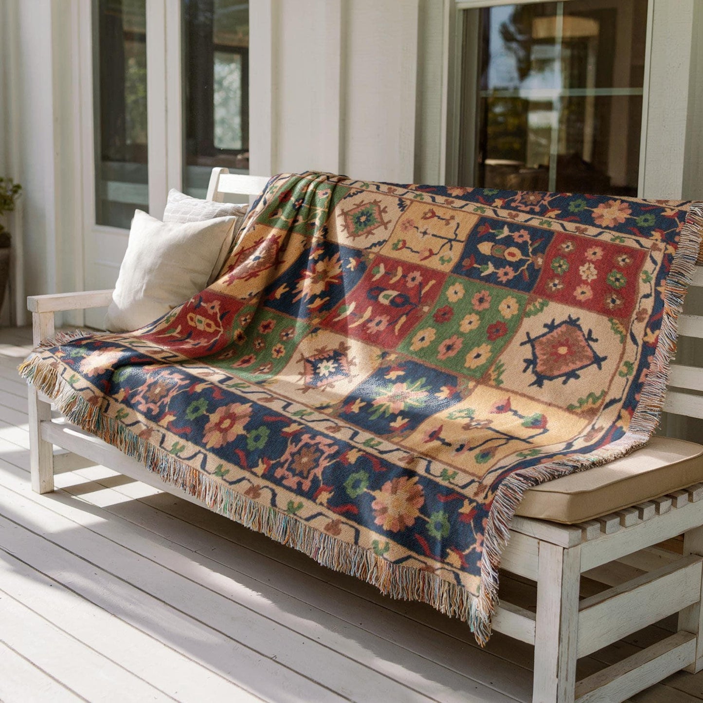 Anatolian Inspired outdoor woven throw blanket with floral pattern for patio styling