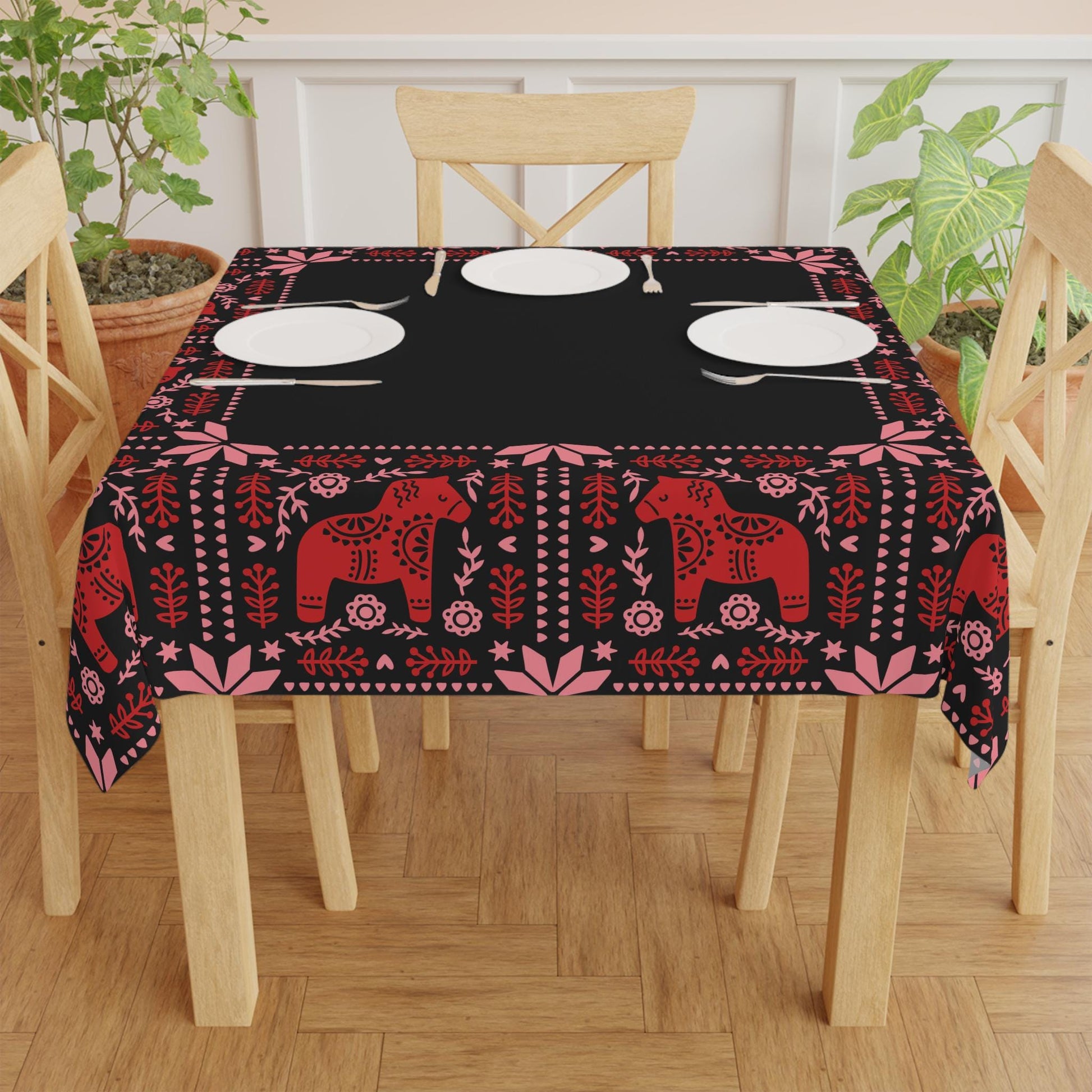 Scandi Dala Horse Tablecloth - Nordic Holiday Table Cover | Cozy Winter Dining Accent