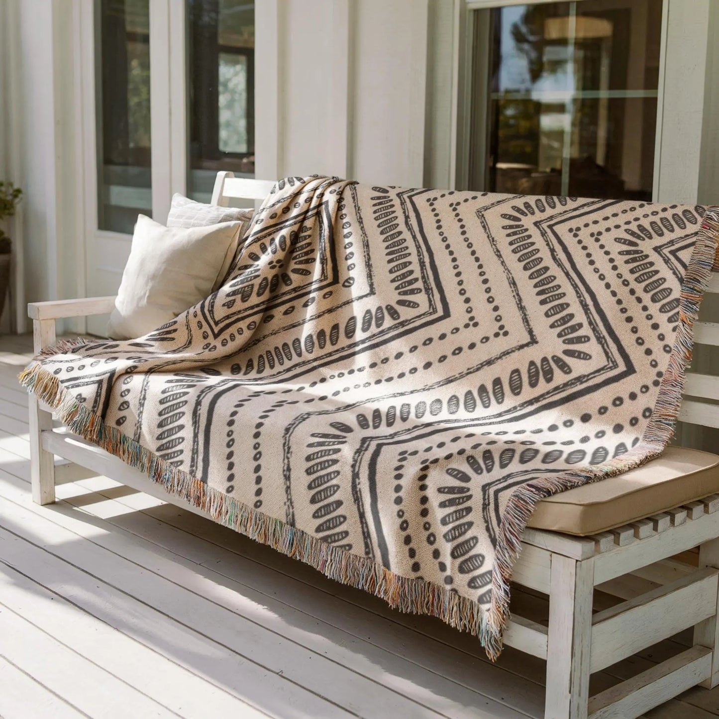 Woven Cotton Throw - Black White Tribal Ikat Blanket | Minimalist Geometric Decor