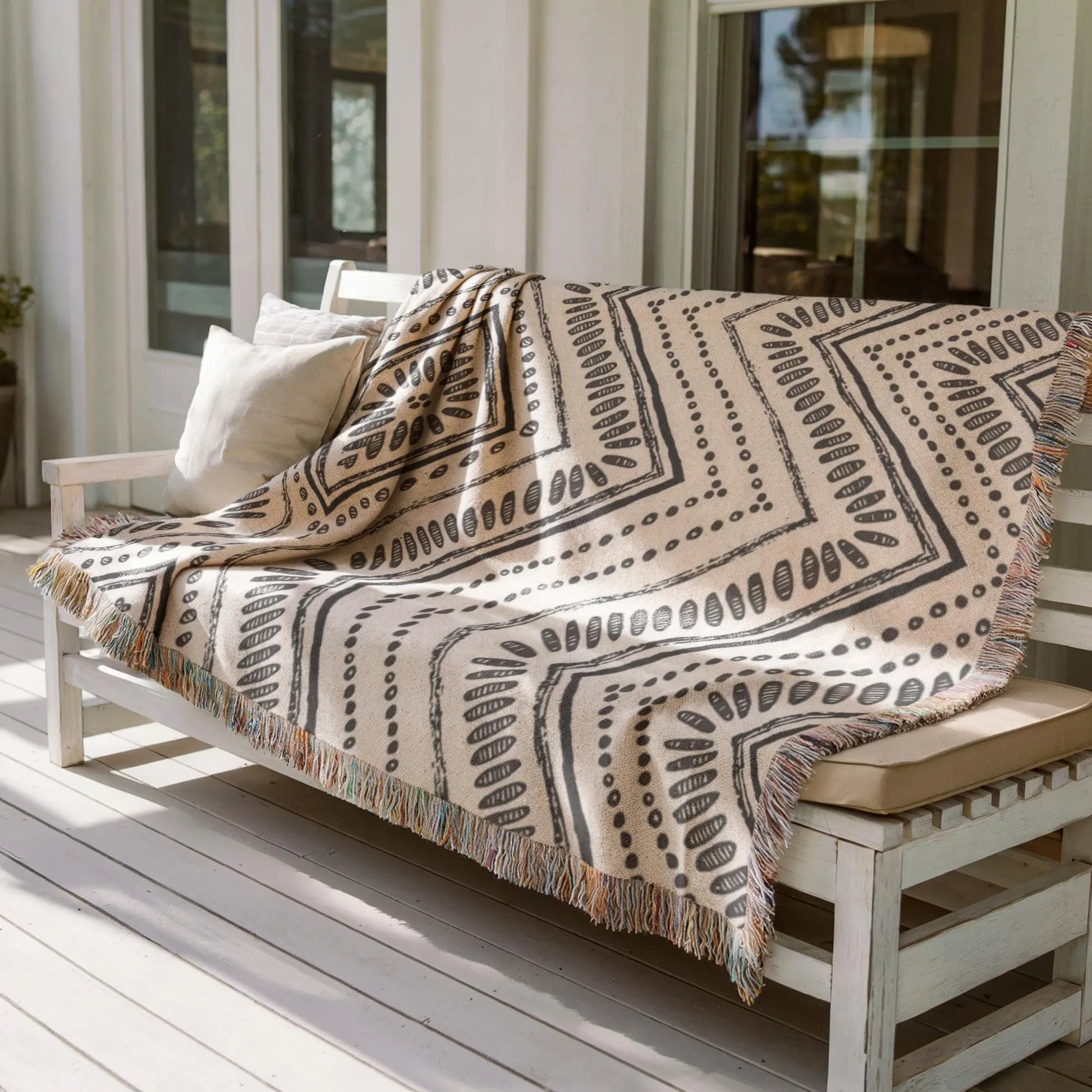 Woven Cotton Throw - Black White Tribal Ikat Blanket | Minimalist Geometric Decor
