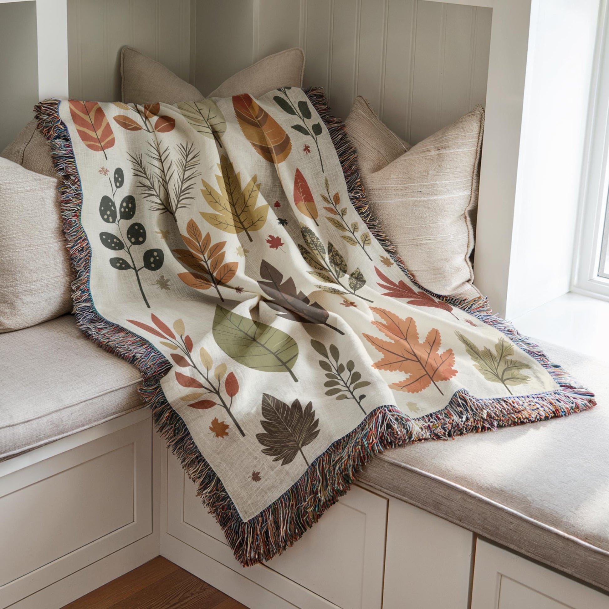 Fall Cotton Blanket – Autumn Leaves Throw With Colorful Fringed Edges, Cozy Fall Blanket