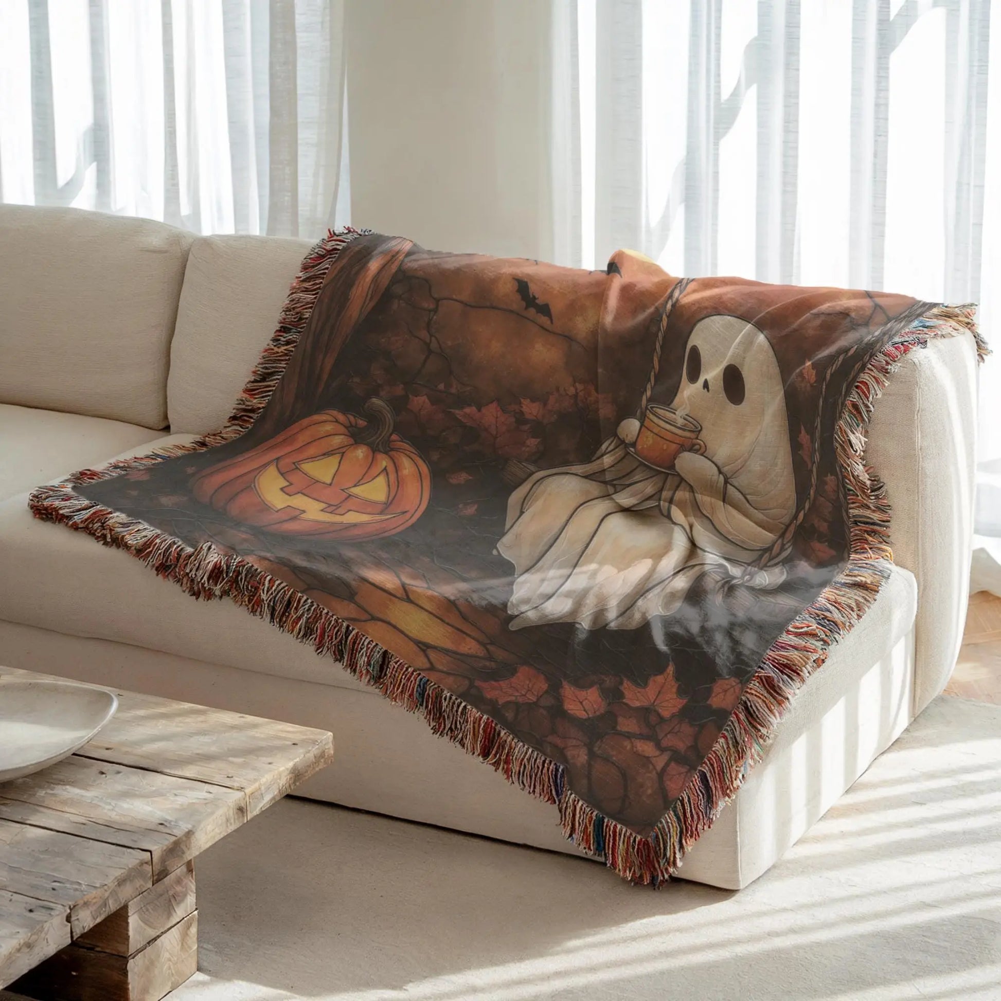 Moon Ghost Blanket - Cozy Halloween Throw Blanket With Pumpkin & Bat Design