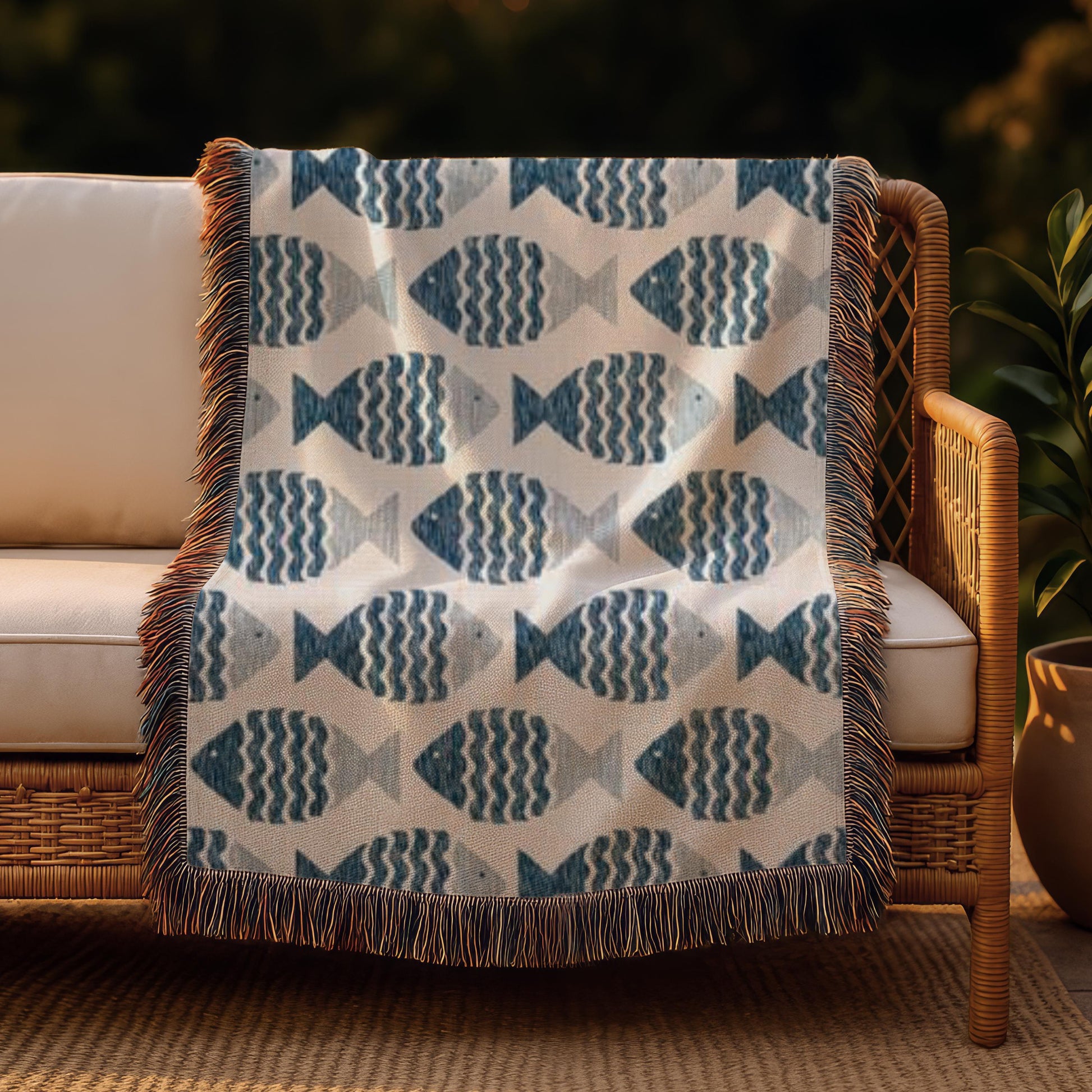 Coastal Boho Throw - Soft Cotton Throw Blanket With Nautical Fish Motif & Fringed Edges