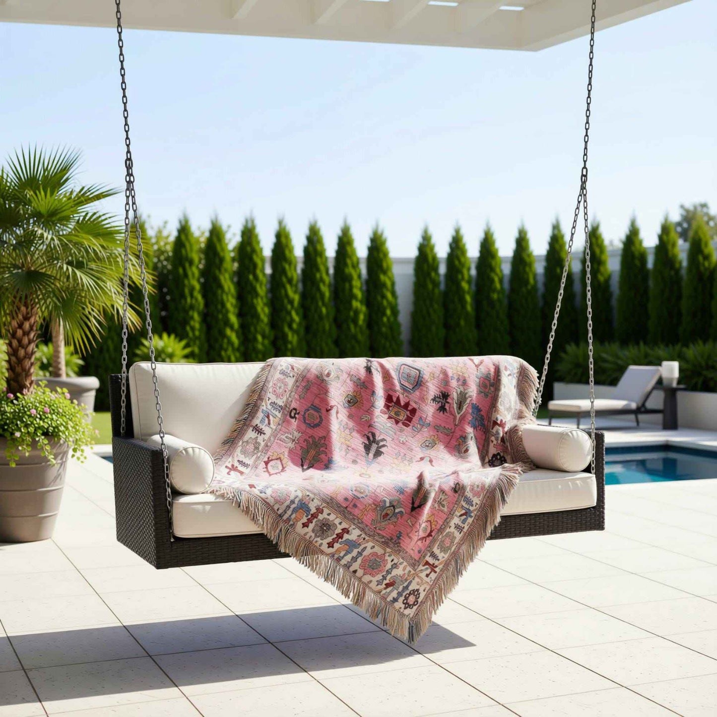 Anatolian Inspired outdoor woven throw blanket with rug-style pattern for patio styling
