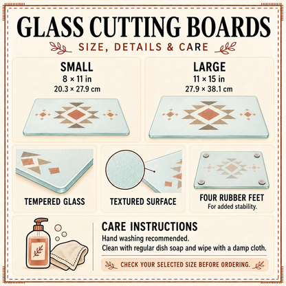 Size and care card: 8 x 11 in and 11 x 15 in, tempered glass, textured surface, four rubber feet