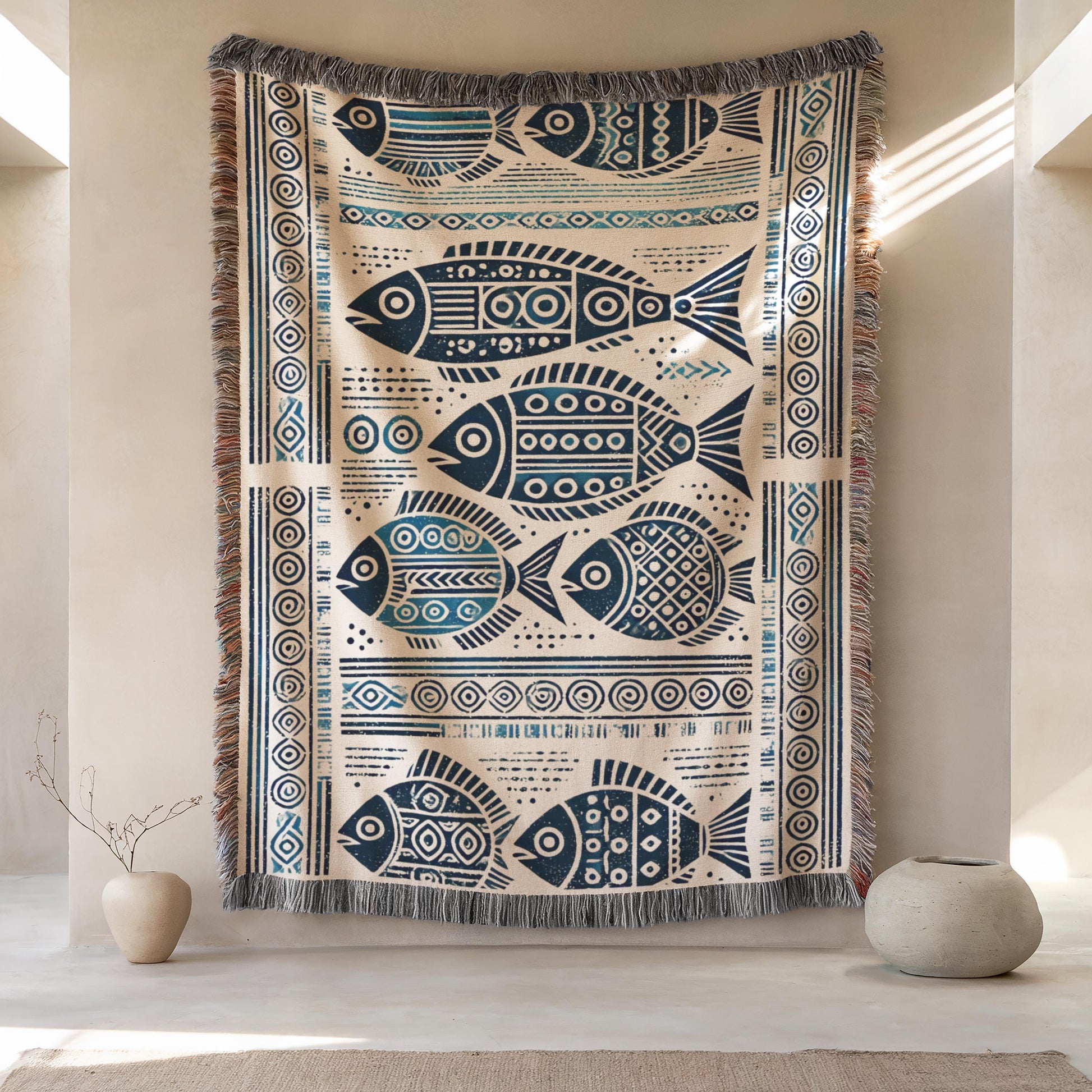 School Of Fish Tapestry – Ethnic Cotton Throw Blanket | Nautical Home Decor