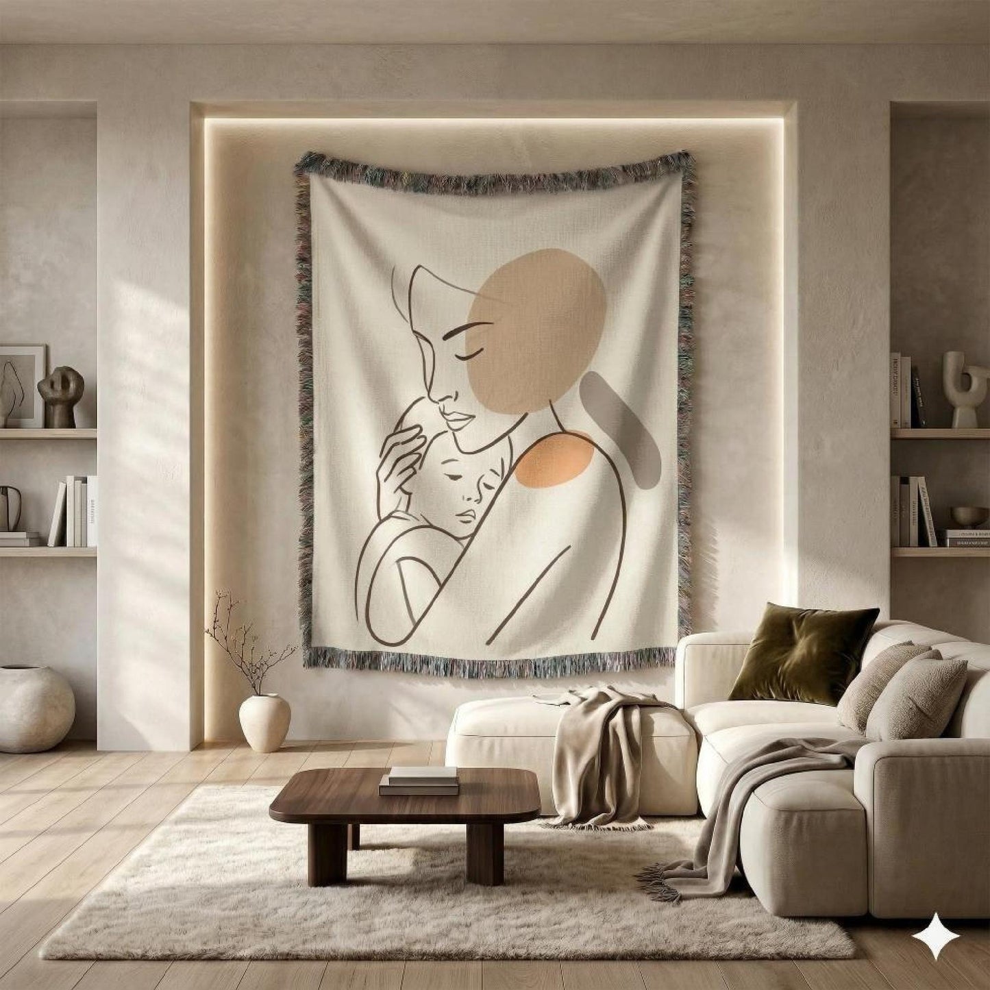 Modern Geometric woven wall tapestry with geometric pattern styled as textile wall decor