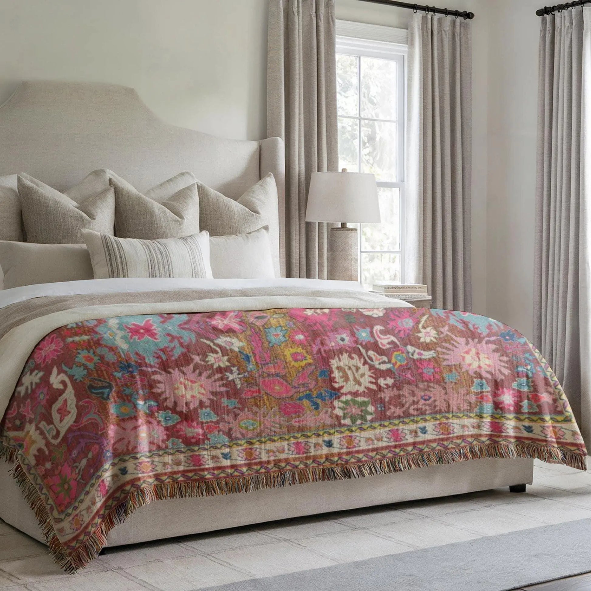 Persian Rug Throw Blanket - Woven Cotton Cozy Living Room Blanket with Colorful Fringed Edges