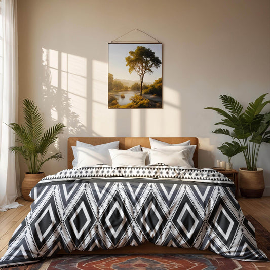 Geometric Ikat Bedding Set - 3 Piece Duvet Cover And Pillowcases | Soft Breathable Fabric For Modern Bedroom Decor - timelessbohochic.com