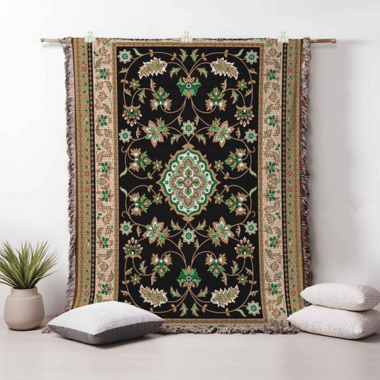 Caucasian Rug Inspired woven wall tapestry with geometric pattern styled as textile wall decor