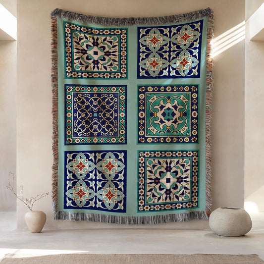 Cotton Throw Blanket - Persian Tile Tapestry | Boho Bedroom Accent & Cozy Couch