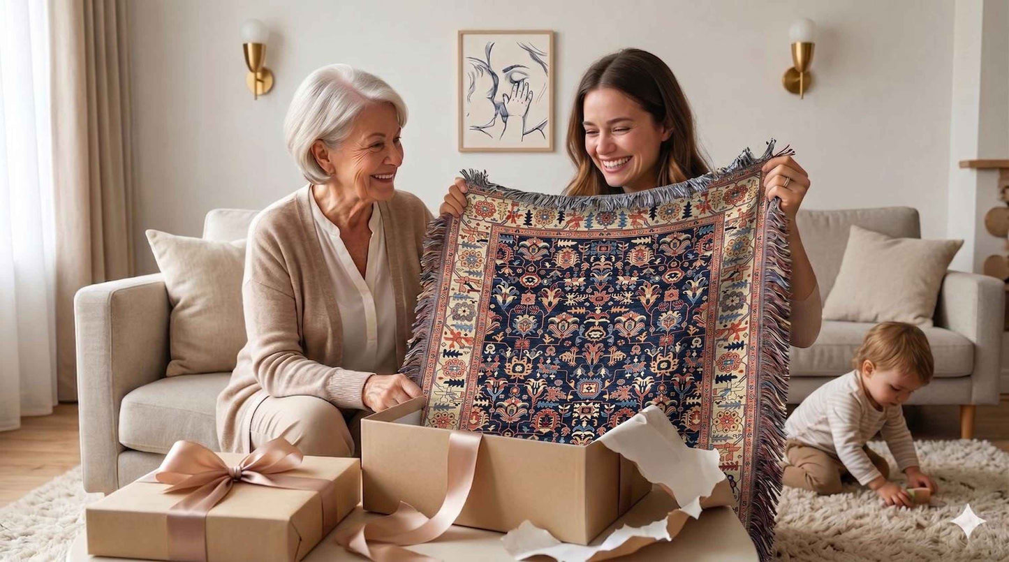 Caucasian Rug Inspired woven blanket with geometric pattern styled for layered home decor