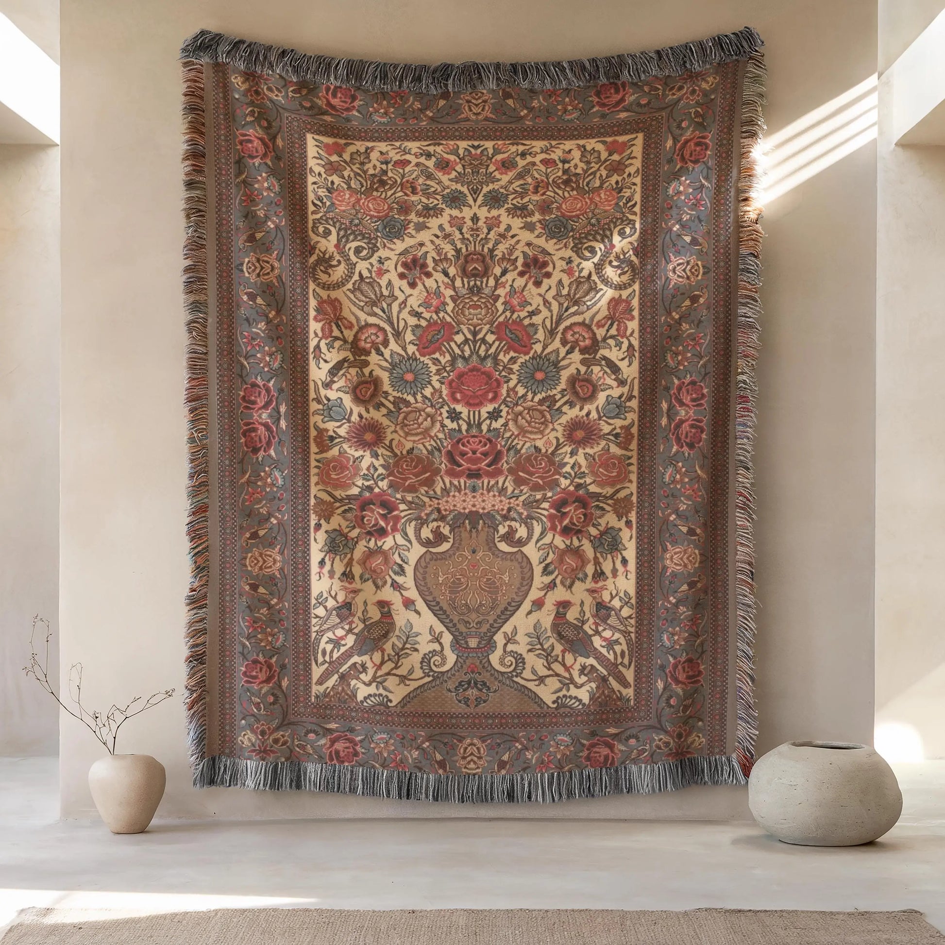 Persian Vase Woven Wall - Cotton Throw Blanket With Colorful Fringed Edges