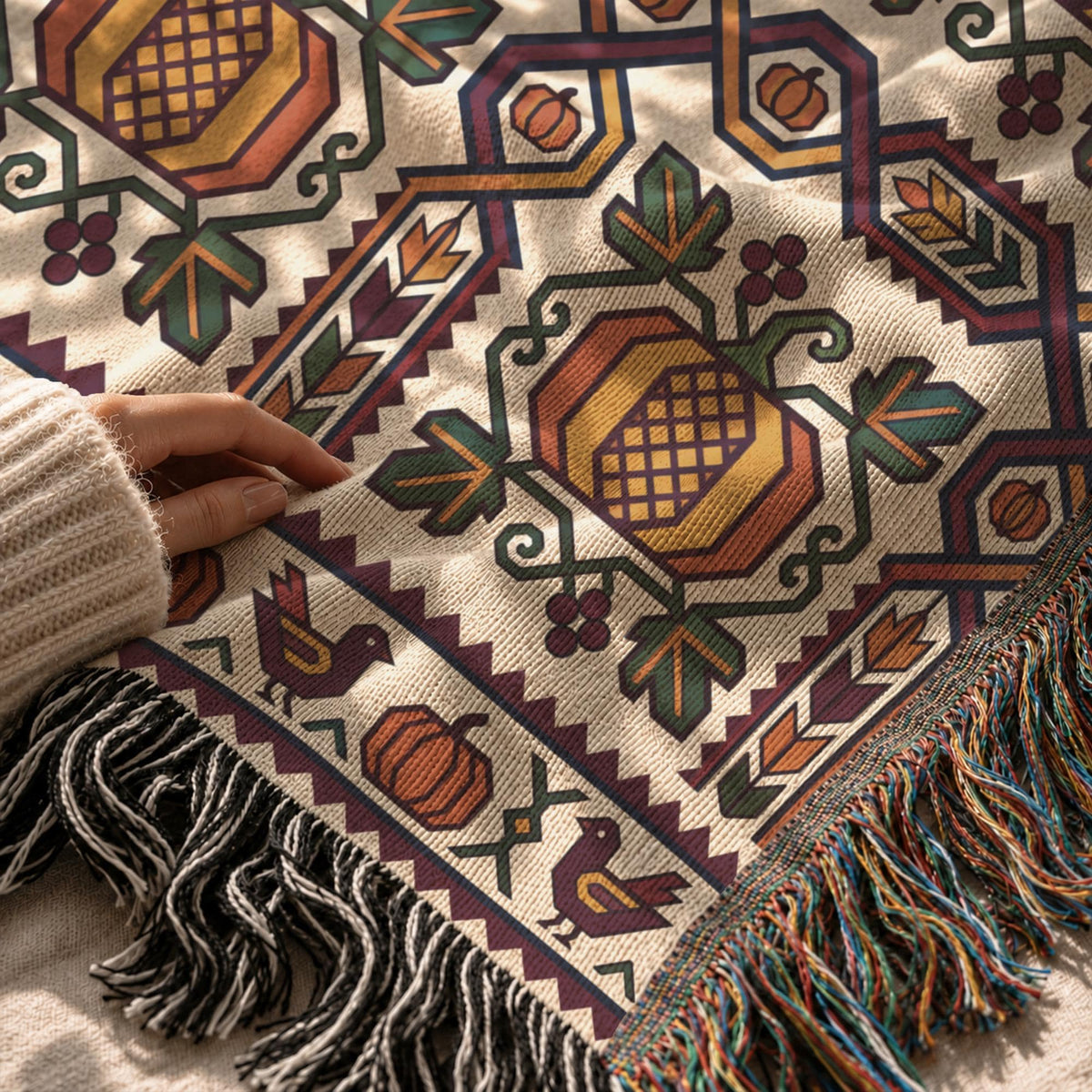 Close-up of the geometric Ghapama weave held in one hand, showing the fringed edge