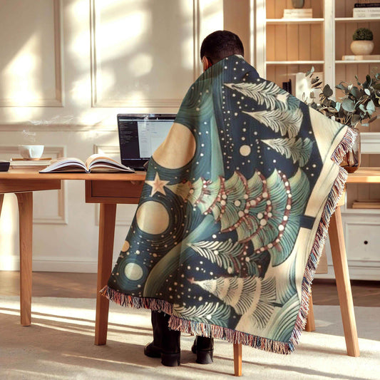 Forest Themed Woven Blanket – Cozy Winter Cotton Throw With Christmas Trees - timelessbohochic.com